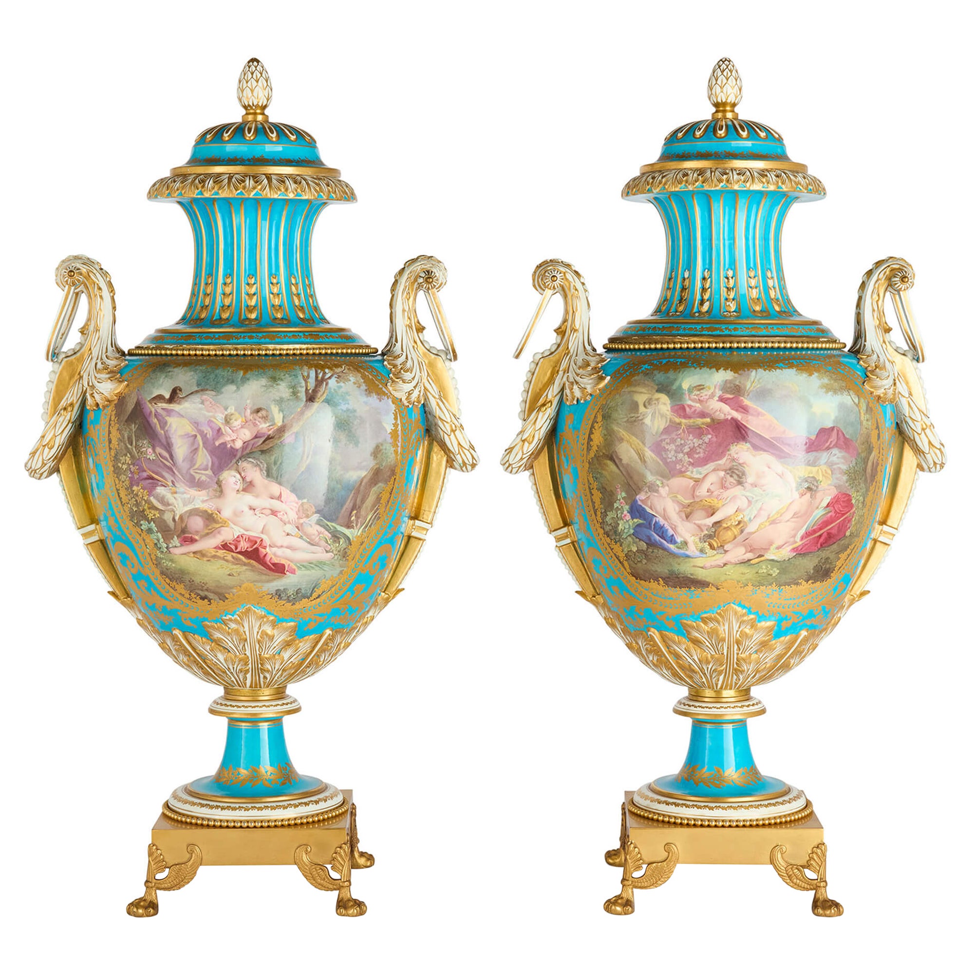 Pair of Porcelain and Ormolu Lidded Vases in the Sèvres Style