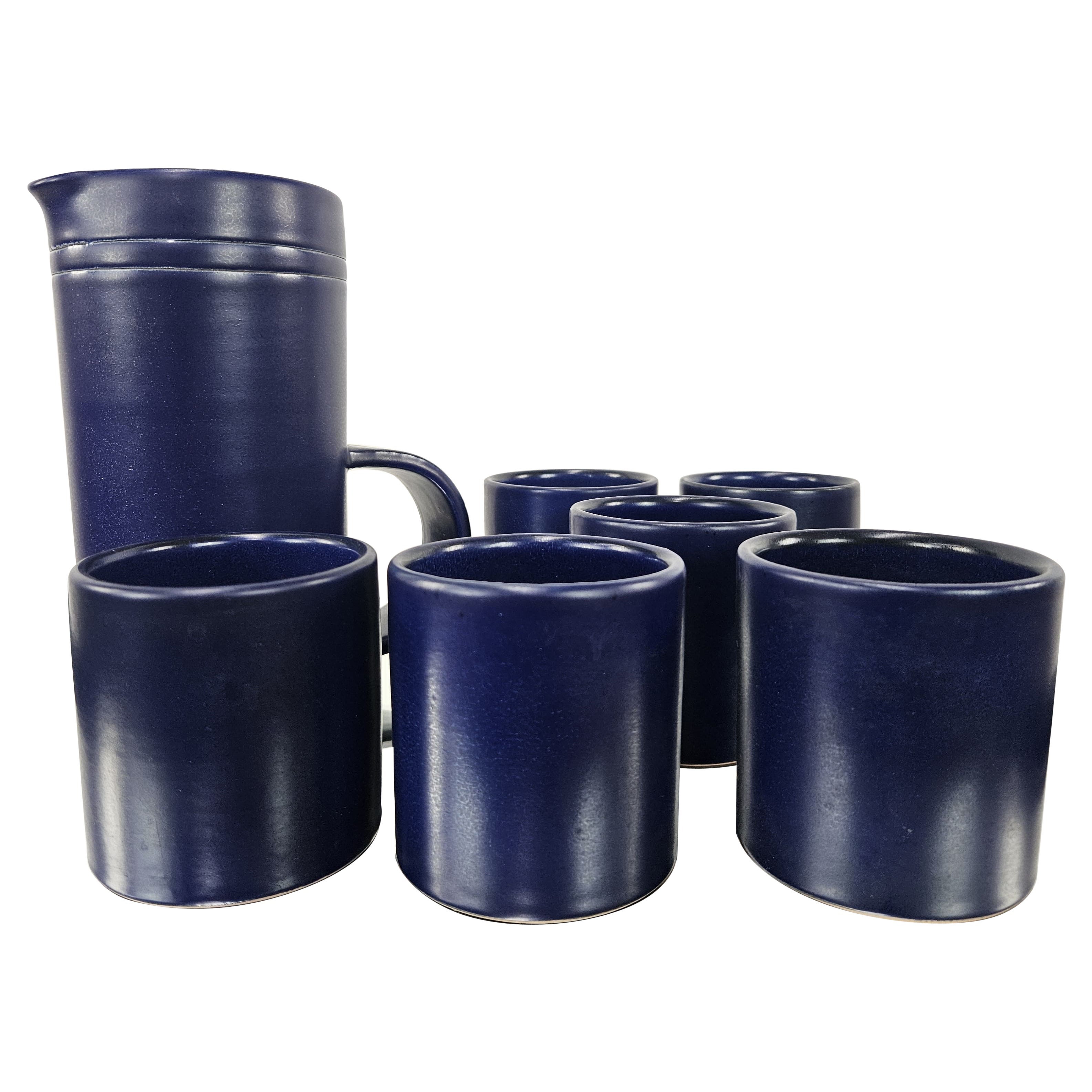 Ceramic pitcher and six glasses by F. Santi 1970s