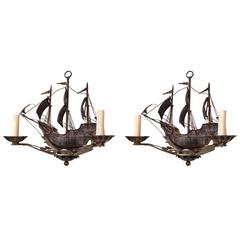 Pair of Nantucket Old World Iron Sailing Ship Chandeliers