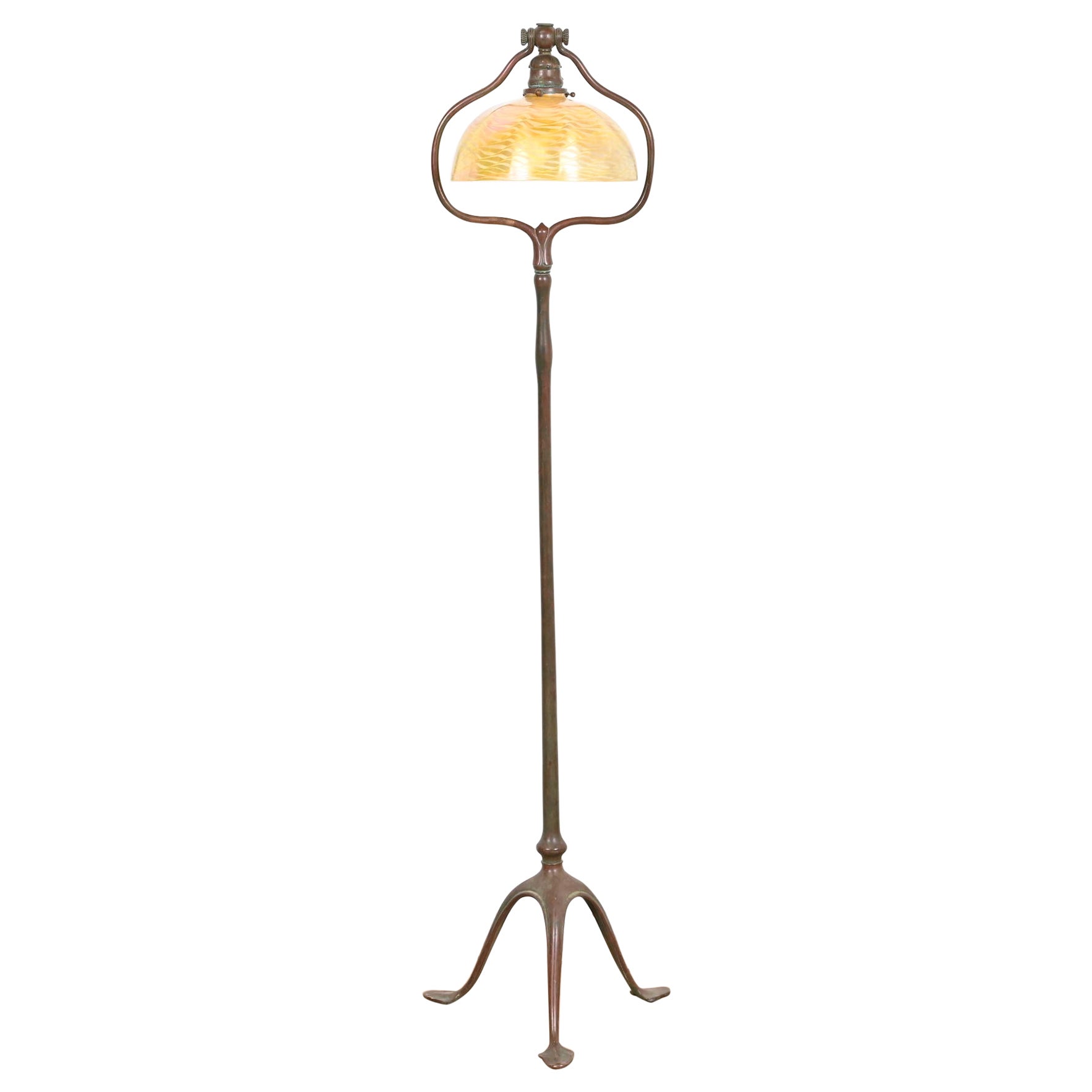 Tiffany Studios Bronze Harp Floor Lamp With Damascene Favrile Glass Shade