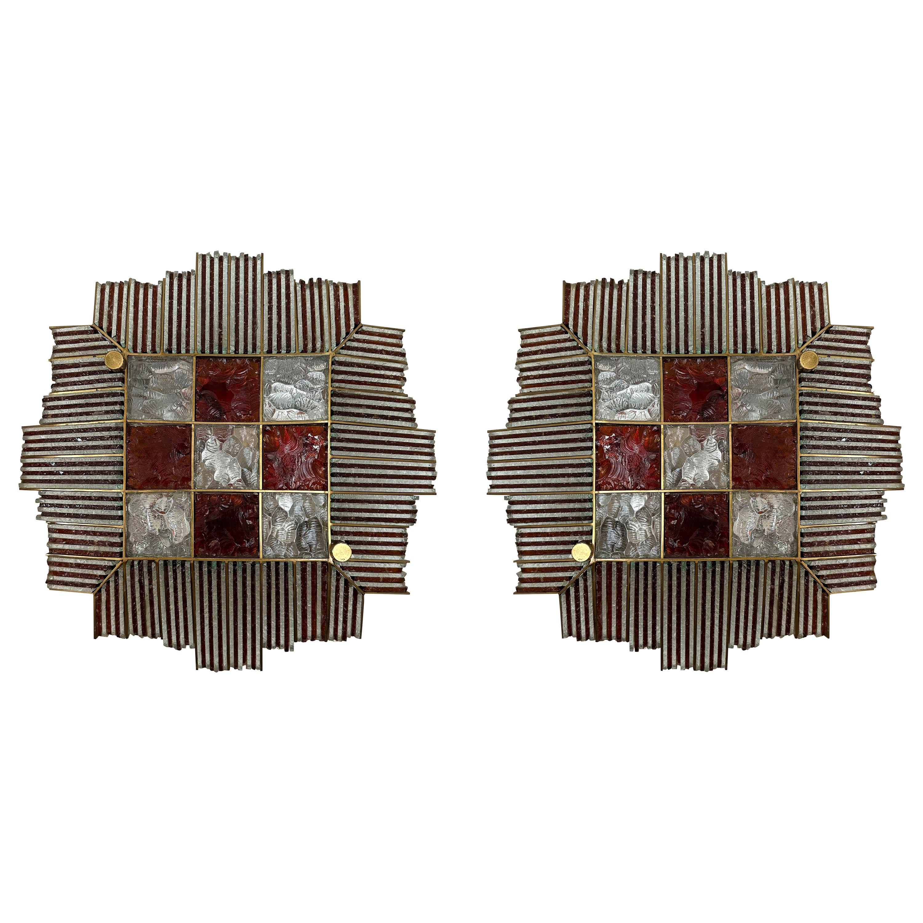 Pair of Hammered Glass Wrought Iron Sconces by Biancardi Jordan, Italy, 1970s