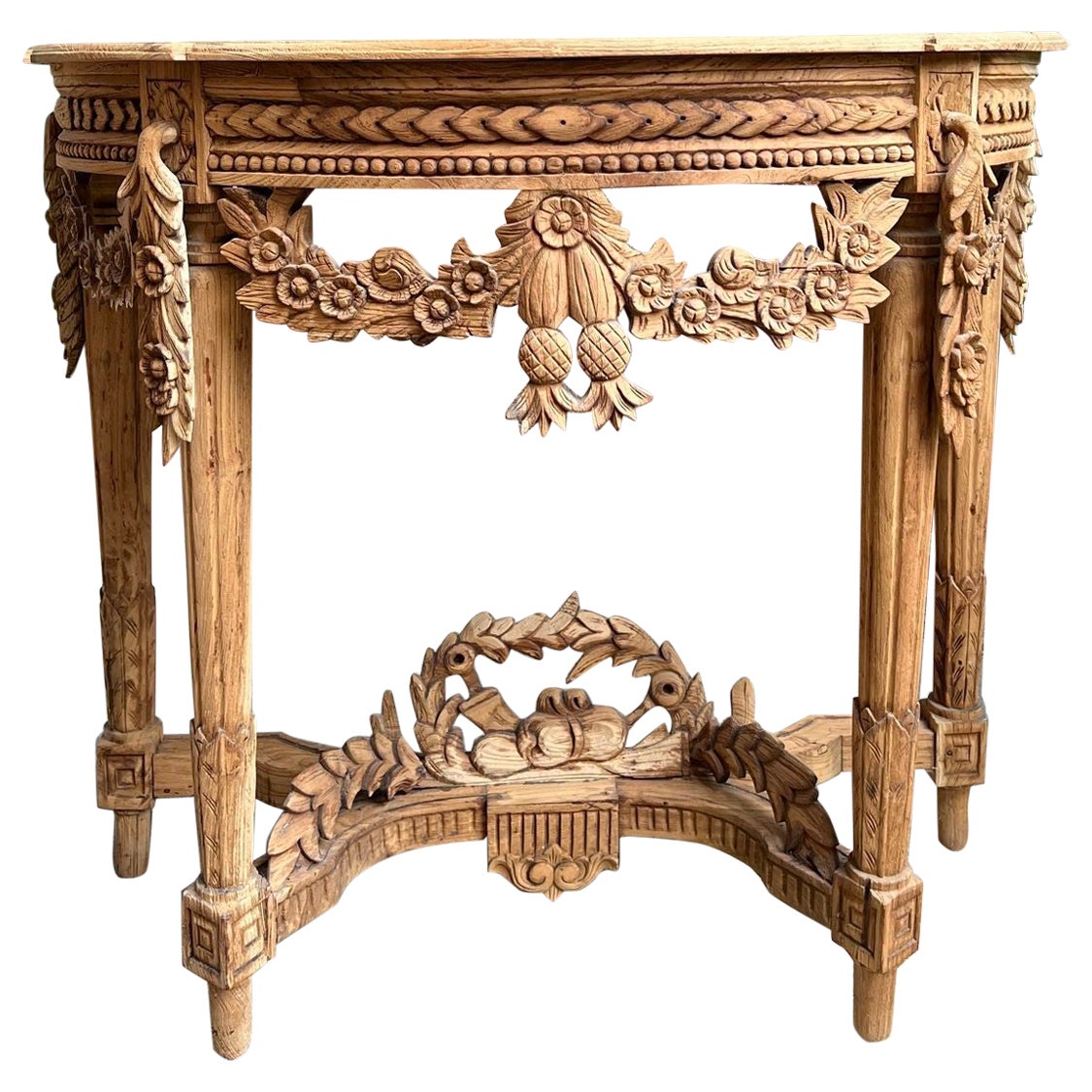 Antique French Louis XVI Console Table Foyer Demilune Carved Bleached Wood c1890 For Sale