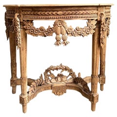 Antique French Louis XVI Console Table Foyer Demilune Carved Bleached Wood c1890