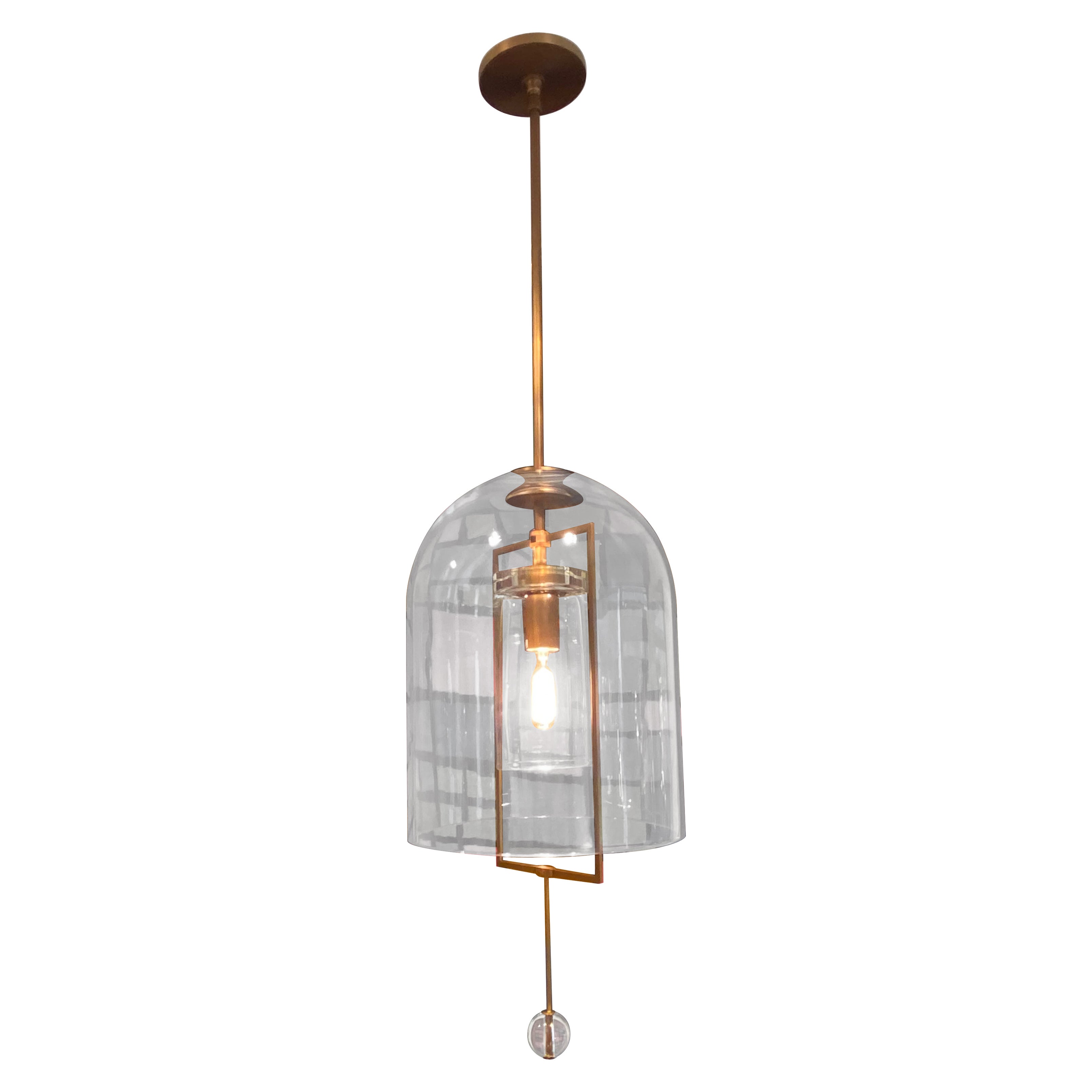 Fulcrum-Laterne-Kronleuchter, Messing / 2 mundgeblasene Glaskugeln