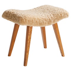 Swedish Designer, Stool, Shearling, Oak, Sweden, 1940s