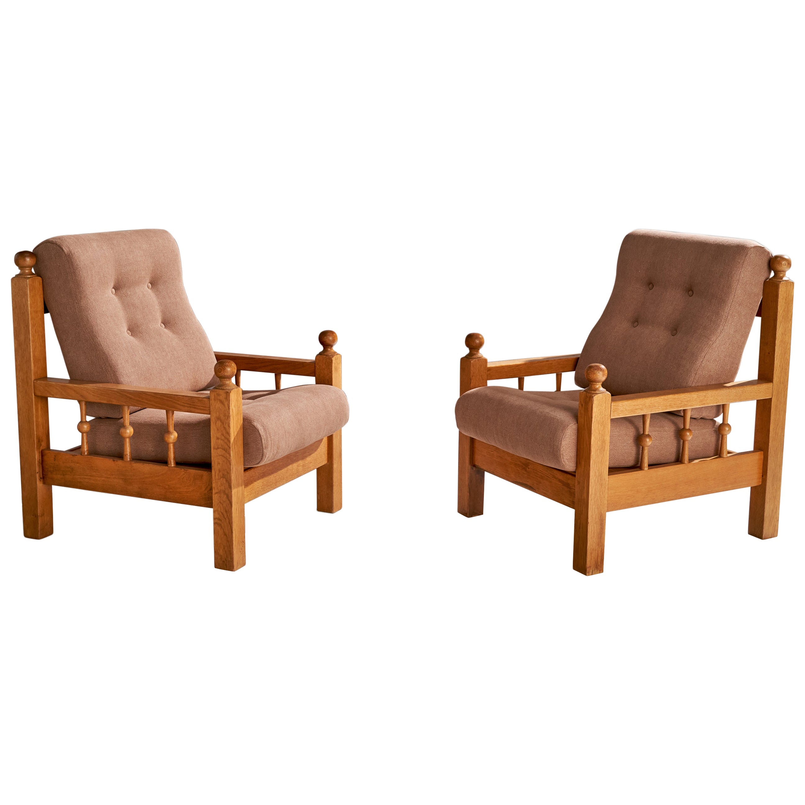 Dutch Designer, Lounge Chairs, Oak, Fabric, Netherlands, 1970s