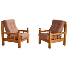 Dutch Designer, Lounge Chairs, Oak, Fabric, Netherlands, 1970s