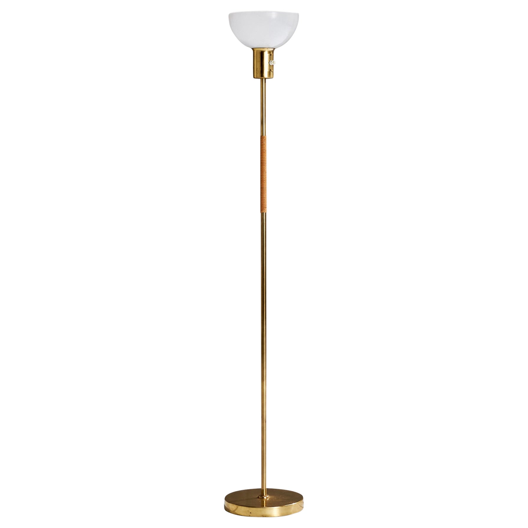 Paavo Tynell, Floor Lamp, Brass, Rattan, Glass, Finland, 1950s For Sale