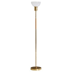 Paavo Tynell, Floor Lamp, Brass, Rattan, Glass, Finland, 1950s