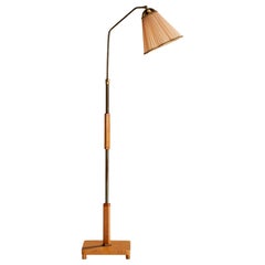 Schwedische Designerin, Stehlampe, Messing, Birke, Eiche, Stoff, Schweden, 1930er Jahre
