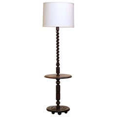 Early 20th Century French Carved Barley Twist Floor Lamp with Attached Table