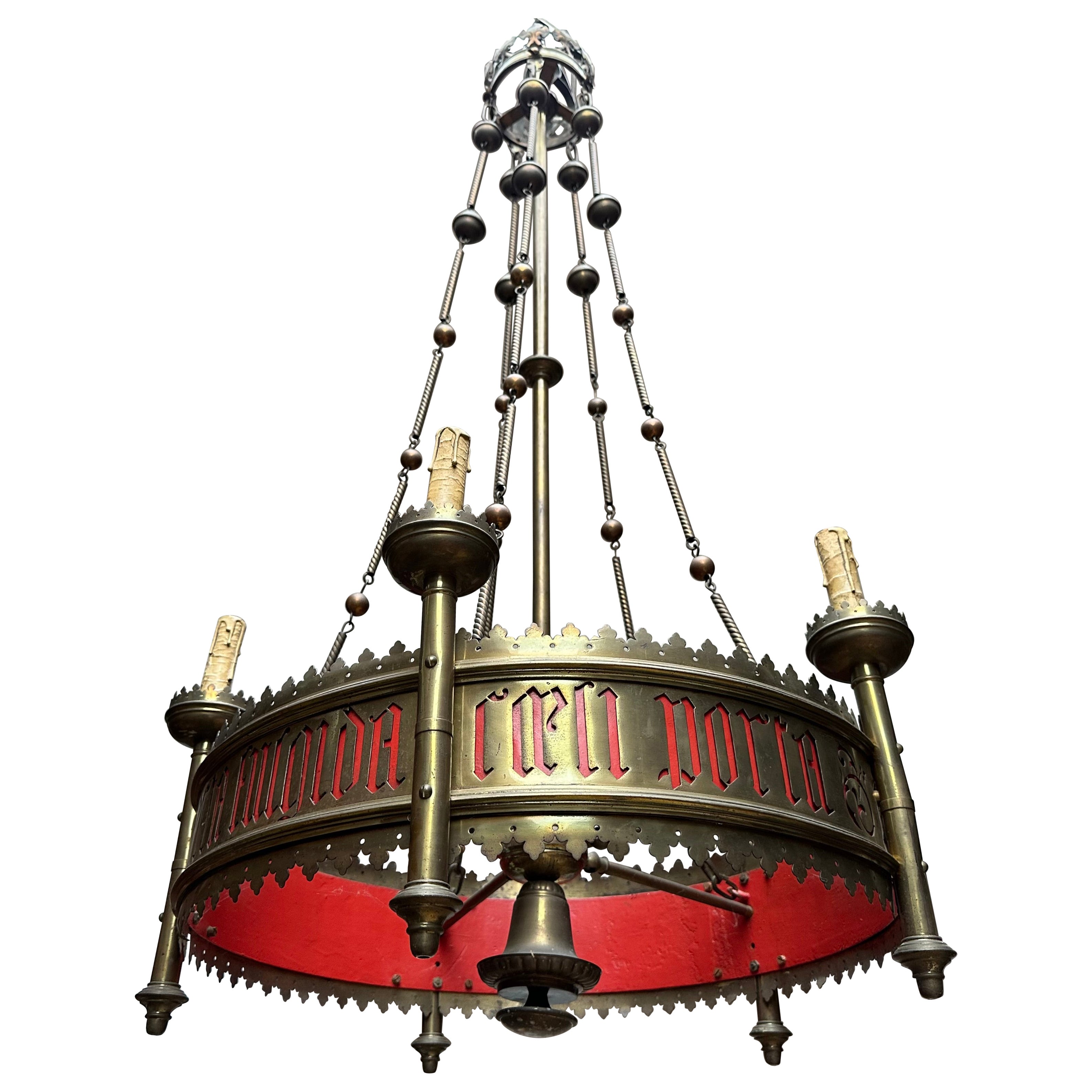 Large and Striking Antique Bronze & Brass Gothic Revival Torches Chandelier