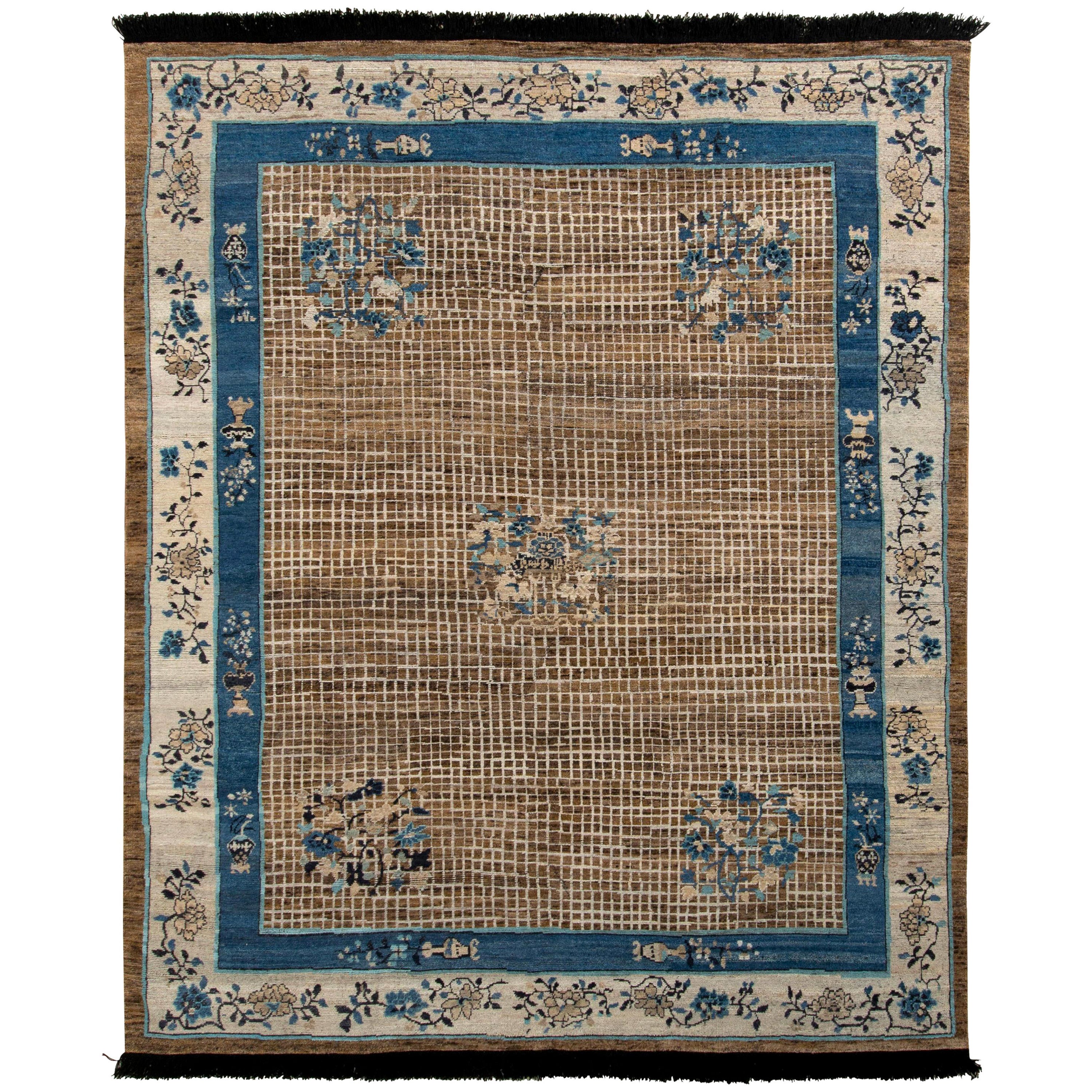 Rug & Kilim's chinesischer Art-Deco-Teppich in Beige-Braun und blauem Medaillon-Stil
