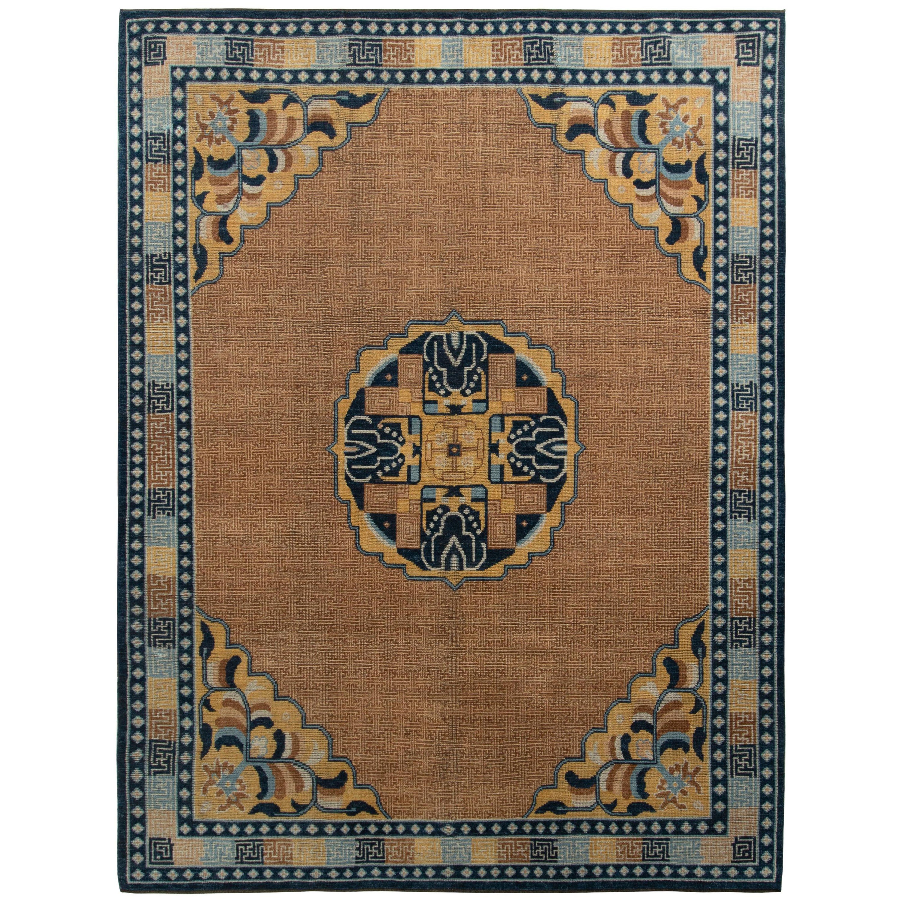 Rug & Kilim’s Classic Kangxia Style Rug in Brown and Blue Medallion Pattern