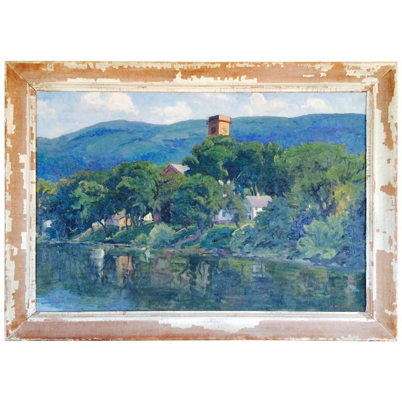 Peinture à l'huile de Hortense Budell intitulée « River Front, N.J, » 1939
