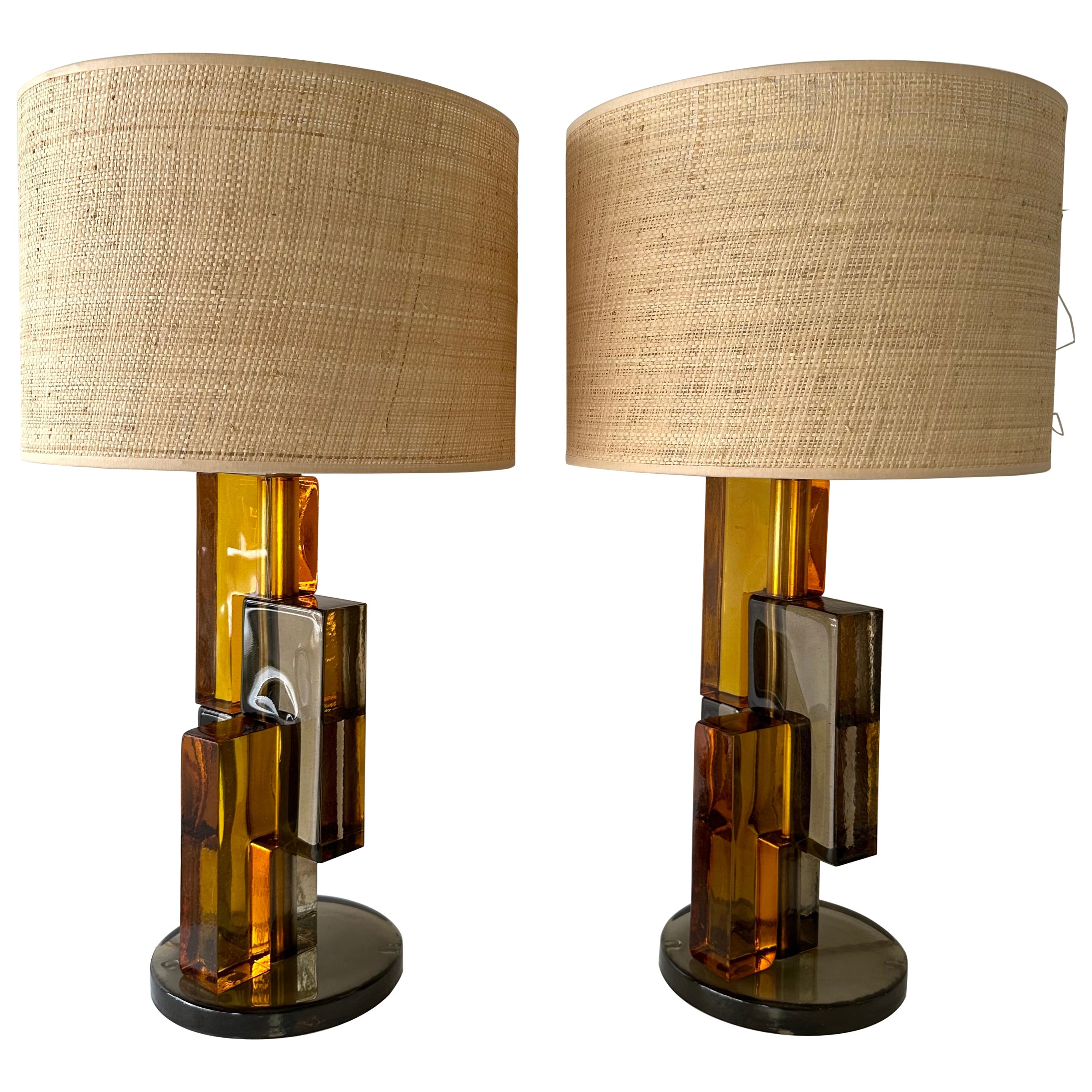 Contemporary Pair of Lamps Amber Smoke Cubic Murano Glass and Brass, Italy