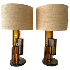Contemporary Pair of Lamps Amber Smoke Cubic Murano Glass and Brass, Italy