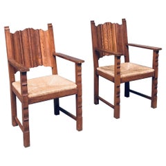 Rustic Travail Populaire Oak & Rush Arm Chair Set, 1960's Belgium
