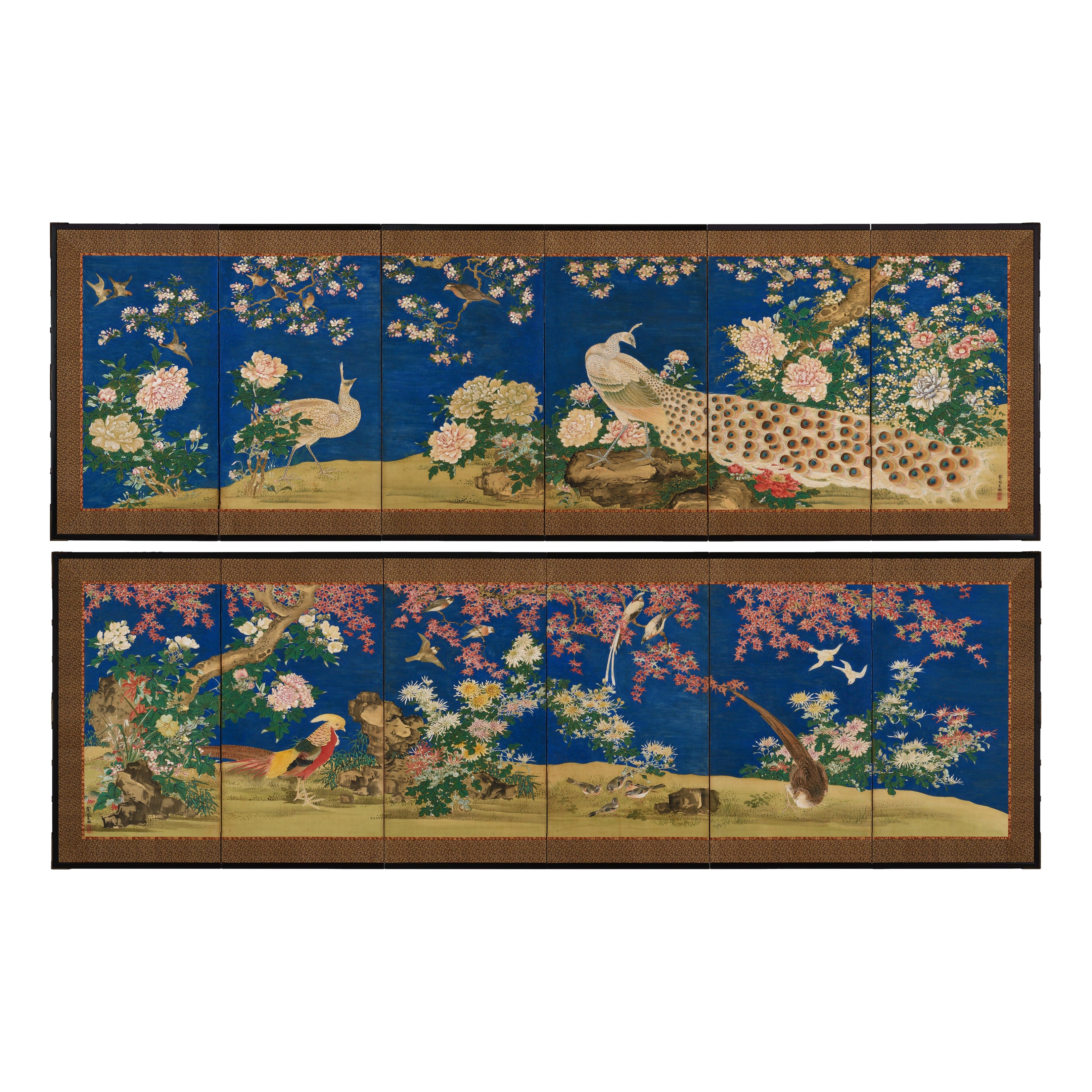 Mid 19th Century Japanese Screen Pair. Flowers & Birds of the Four Seasons.
