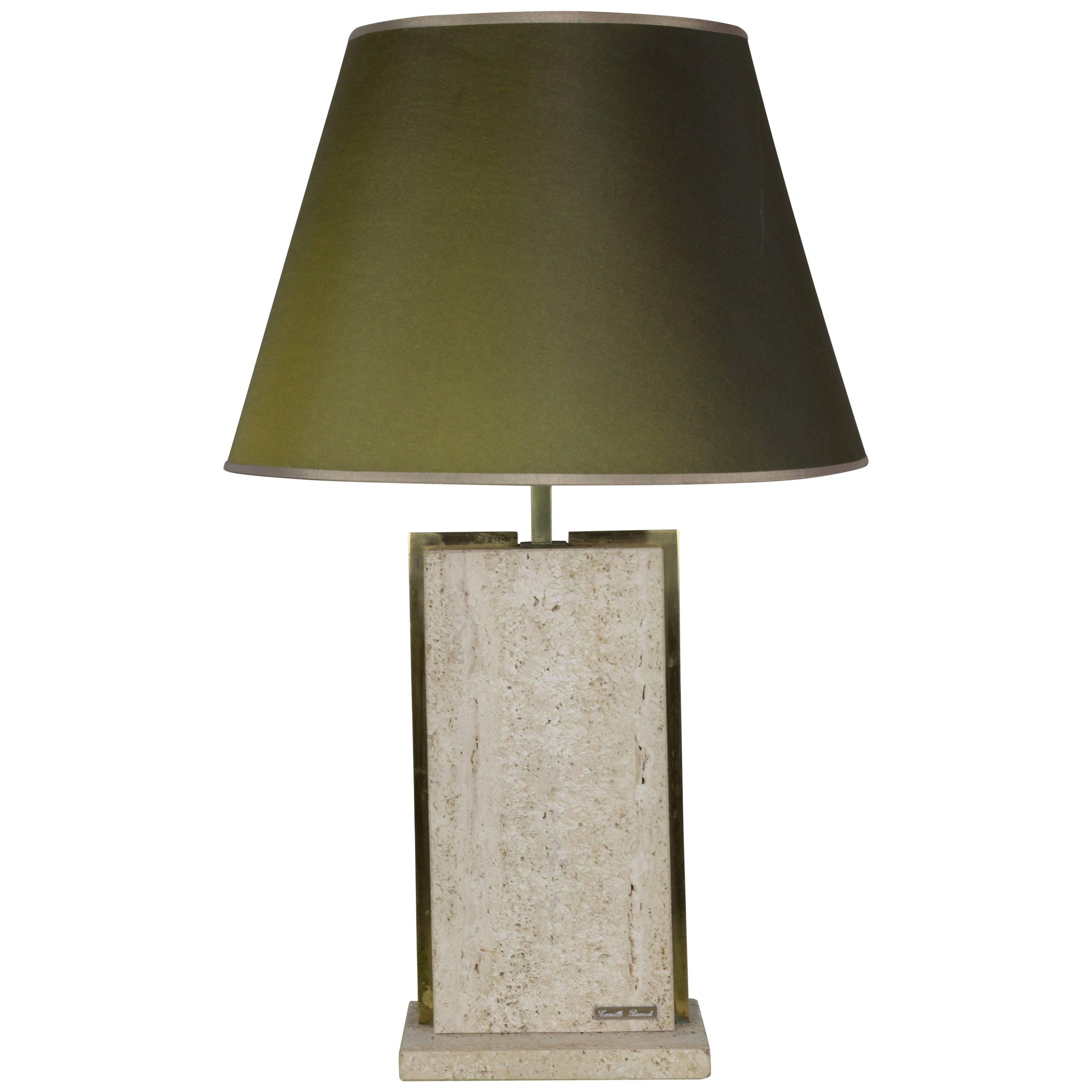 Travertine and Brass Lamp Signed by Camille Breesch, 1970s