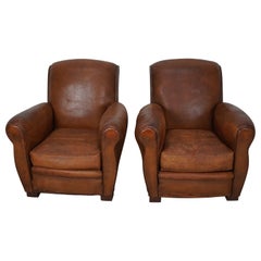 Coppia di poltrone club francesi vintage in pelle cognac, set da 2