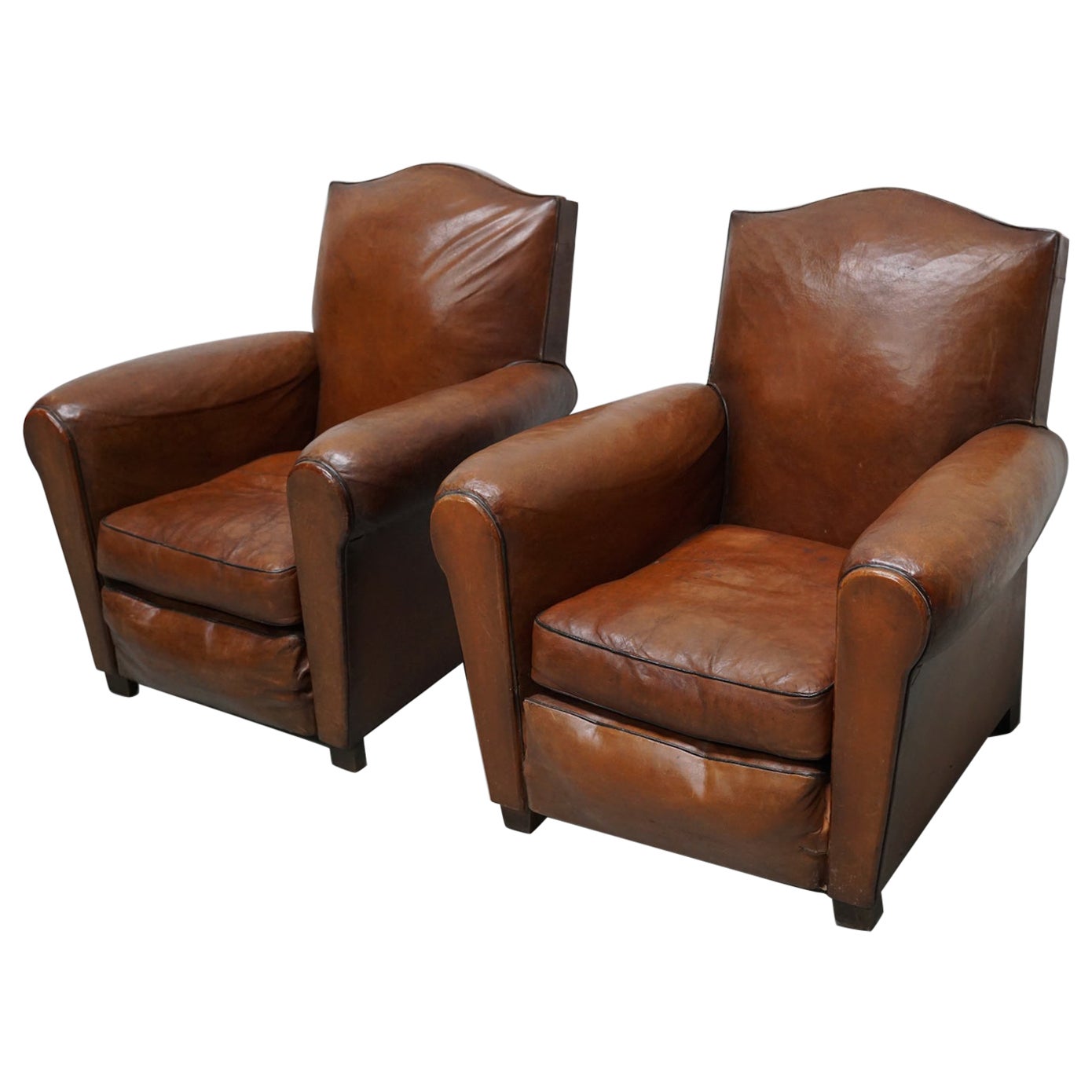Pair of French Cognac Moustache Back Leather Club Chairs, 1940s