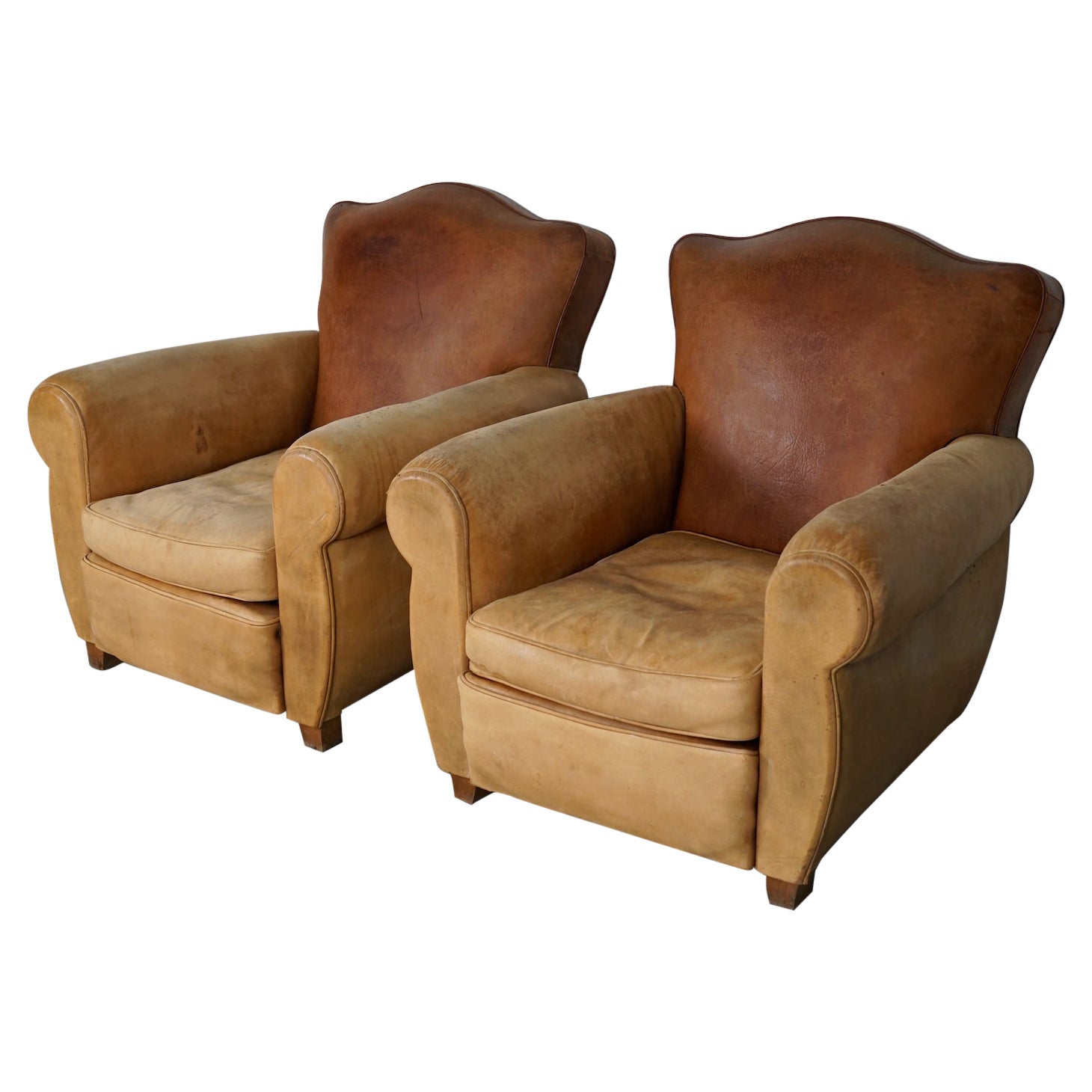 Pair of French Cognac Moustache Back Leather Club Chairs, 1940s