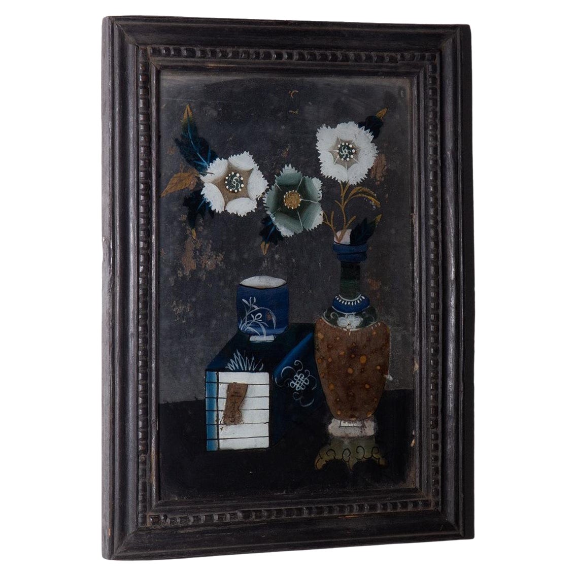 Antique reverse glass painting with floral composition in vendita