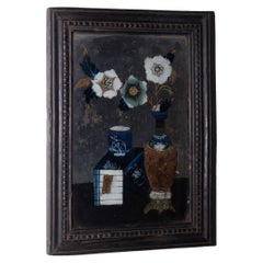 Peinture ancienne sur verre inversé avec composition florale