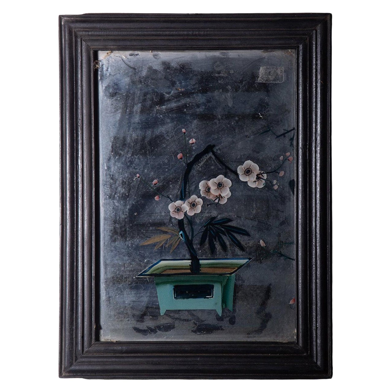 Antique Reverse Glass Painting with Bonsai