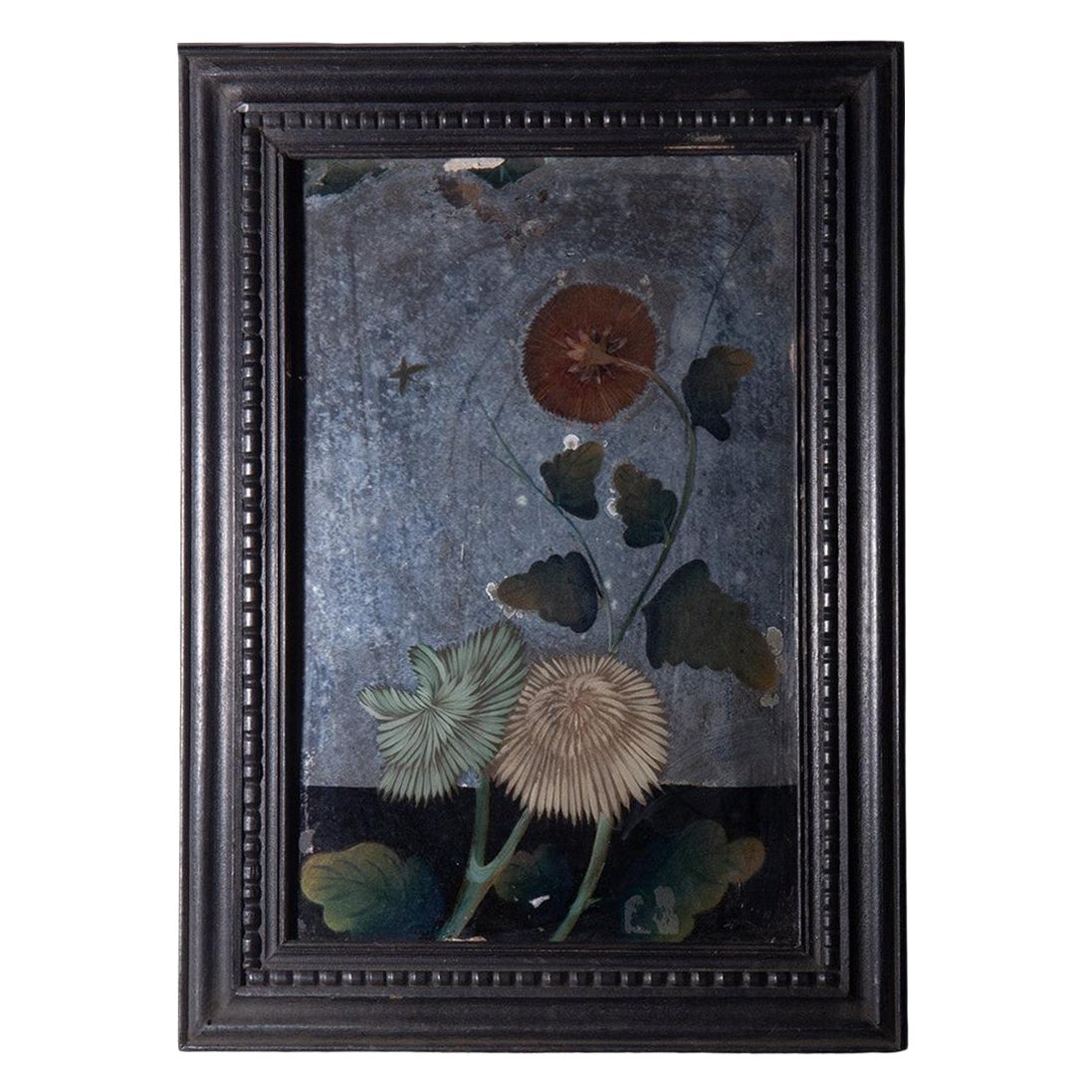 Reverse Glass Painting with chrysanthemums