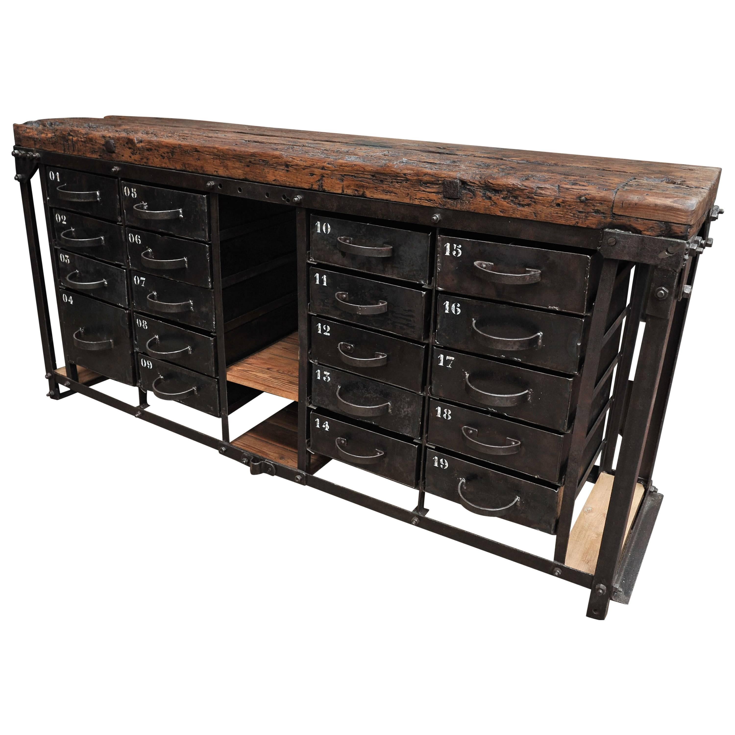 Industrial Iron and Pine French Factory Drawer Workbench 1920s