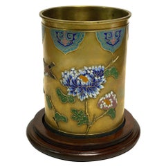 Chinese Floral Bronze Cloisonne Enamel Cylinder Vase w/ Wood Base