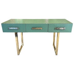 Pastel Green Murano Ashlar Glass and Brass Console Table with Three Drawers 2000