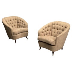 Gio Ponti, Italian Mid-Century Modern, Tufted Lounge Chairs, Beige Linen, 1950s