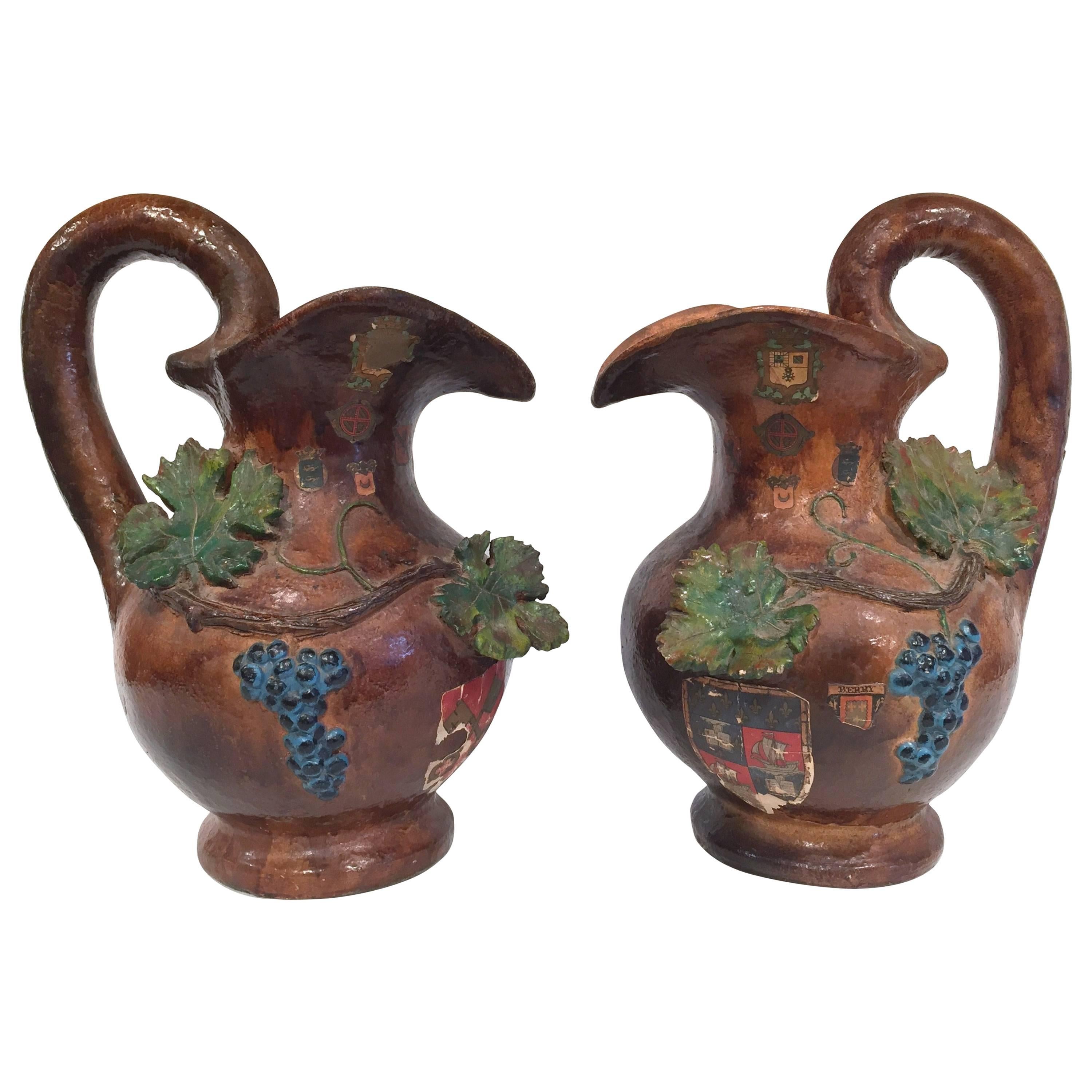 Pair of 19th Century French Painted Barbotine Wine Pitchers with Grapes & Vines
