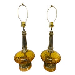 Vintage Hollywood Regency Style Amber Glass Table Lamps - Set of 2