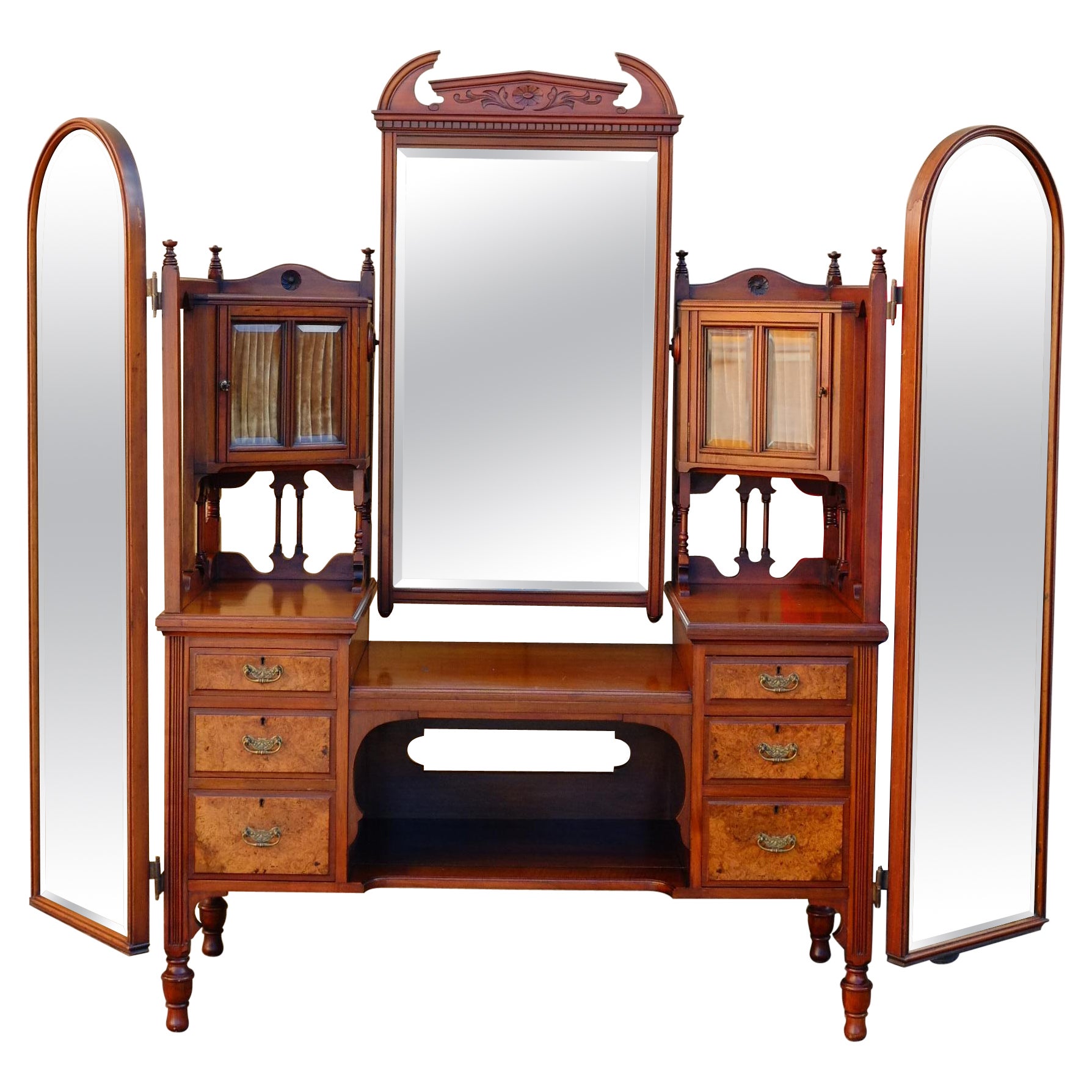 Exceptional Large Gothic English Victorian Burr Walnut Dressing Table Vanity
