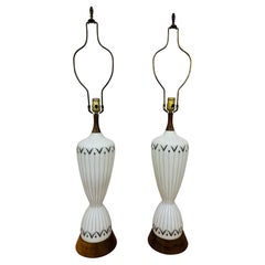Mid-Century Danish Modern Glass & Walnut Table Lamps - Set of 2