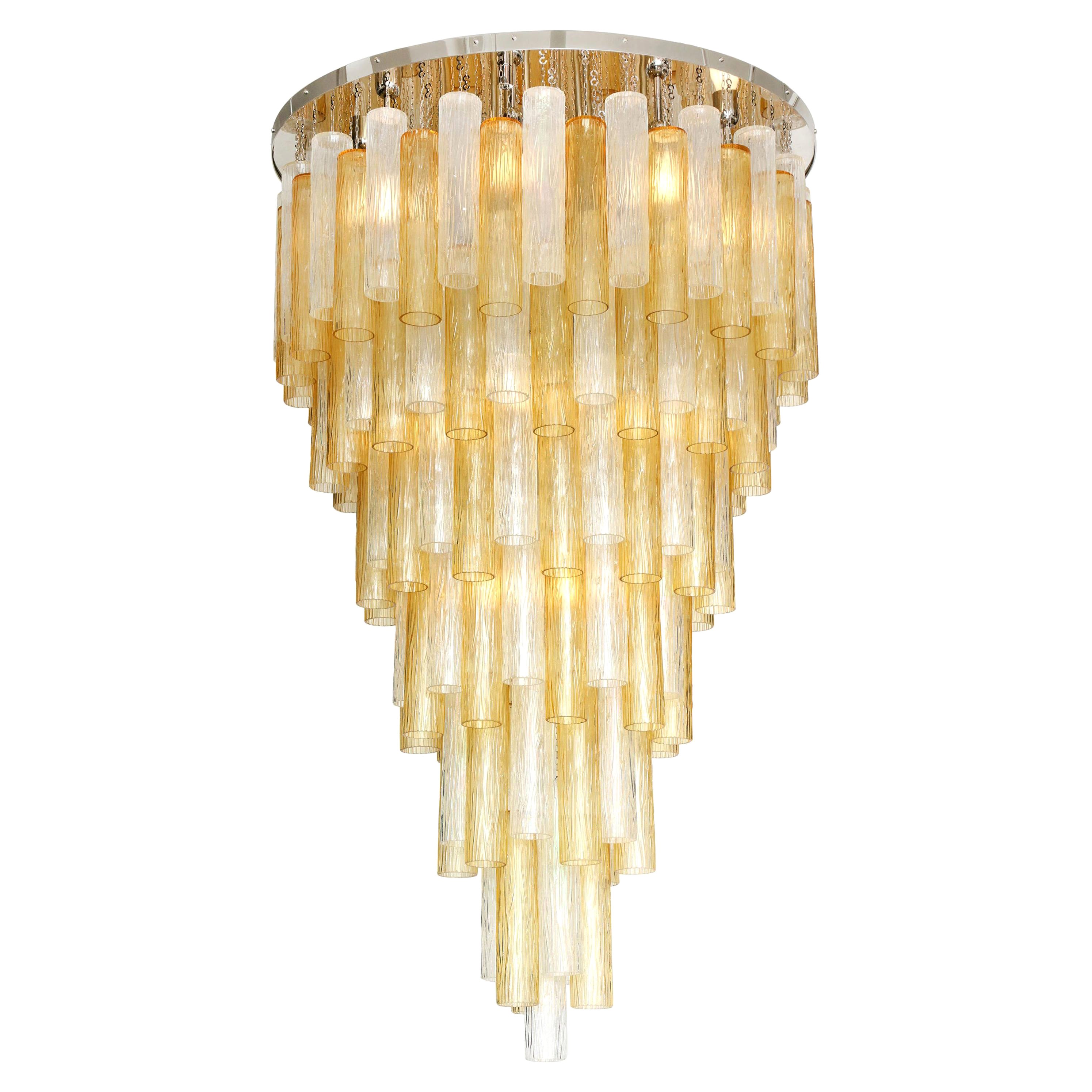 Clear and Gold Tiered Murano Glass and Chrome Flush Mount Chandelier, Italy