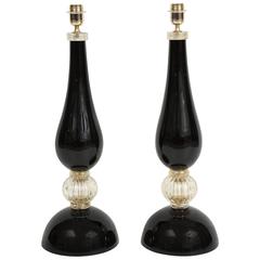 Italian Pair of Onyx and Gold Murano Glass Lamps