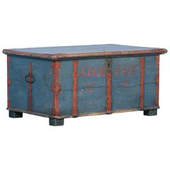 Antique Originally Painted Blue Swedish Trunk, Dated 1837