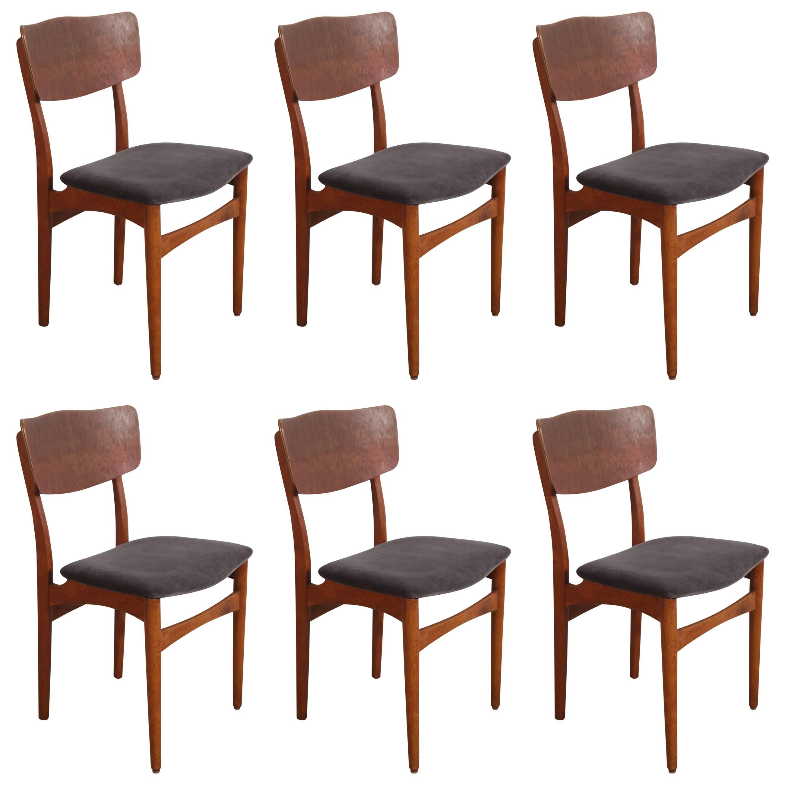 Mid-Century Teak Framed Dining Chairs with Velvet Seat Cushion