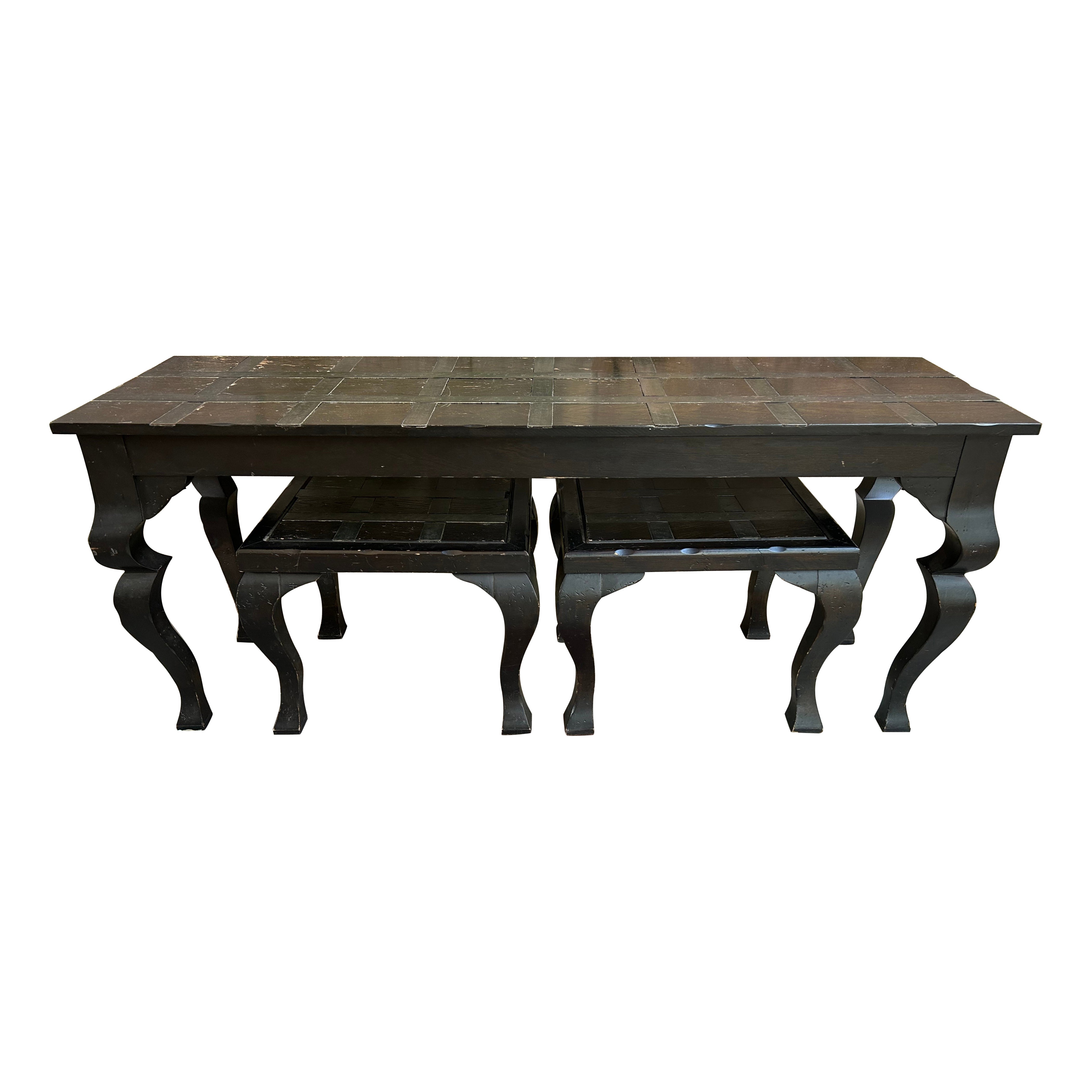Fabulous Brutalist Modern Iron Strap Inlayed Console Table with Matching Stools For Sale