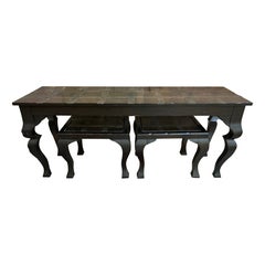 Vintage Fabulous Brutalist Modern Iron Strap Inlayed Console Table with Matching Stools