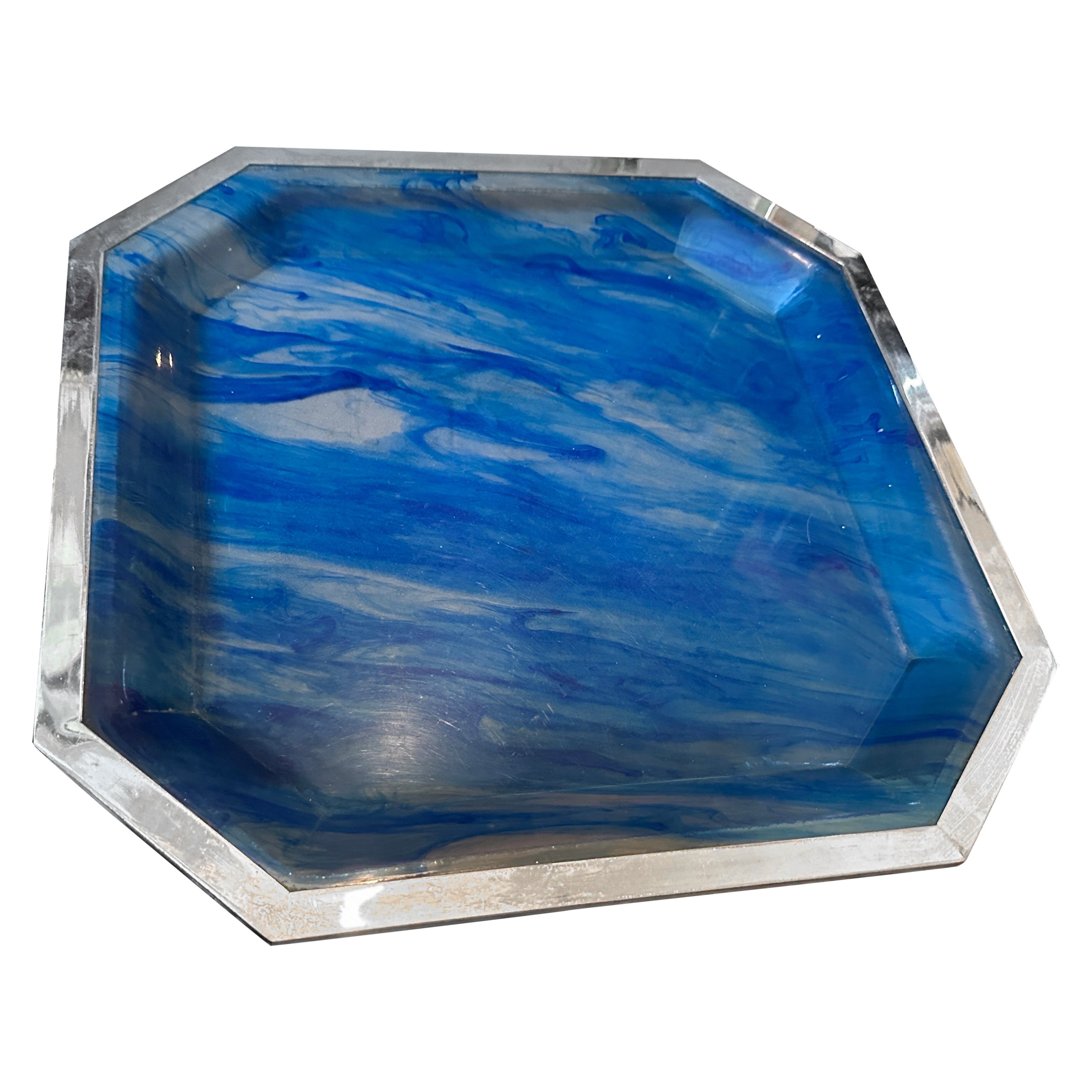 1970s  Mid-Century Modern Sea Effect Lucite and Silver Plate Octagonal Tray