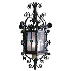 Wrought Iron Lantern Chandelier with Stained Glass