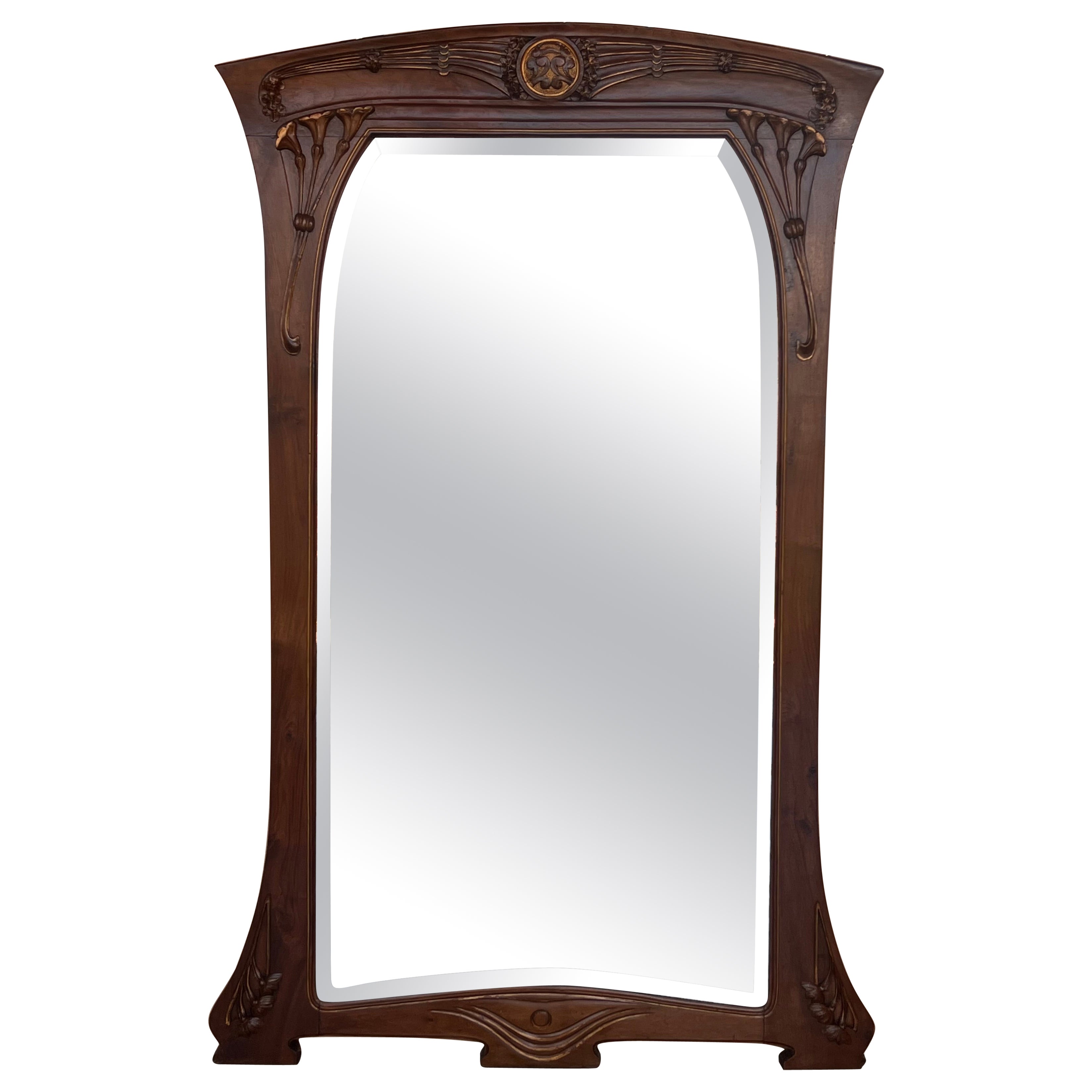 Art Nouveau Francés Madera Tallada l Manto Espejo de Pared Vidrio Repujado