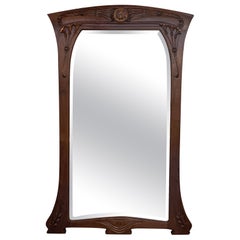 Art Nouveau Francés Madera Tallada l Manto Espejo de Pared Vidrio Repujado