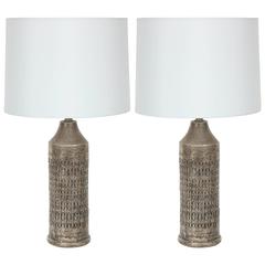 Pair of Incised Pewter Glazed Ceramic Lamps by Bitossi